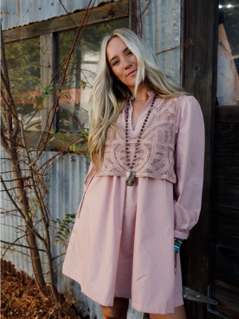 Long Sleeve Crochet Bodice Shift Dress - Pink
